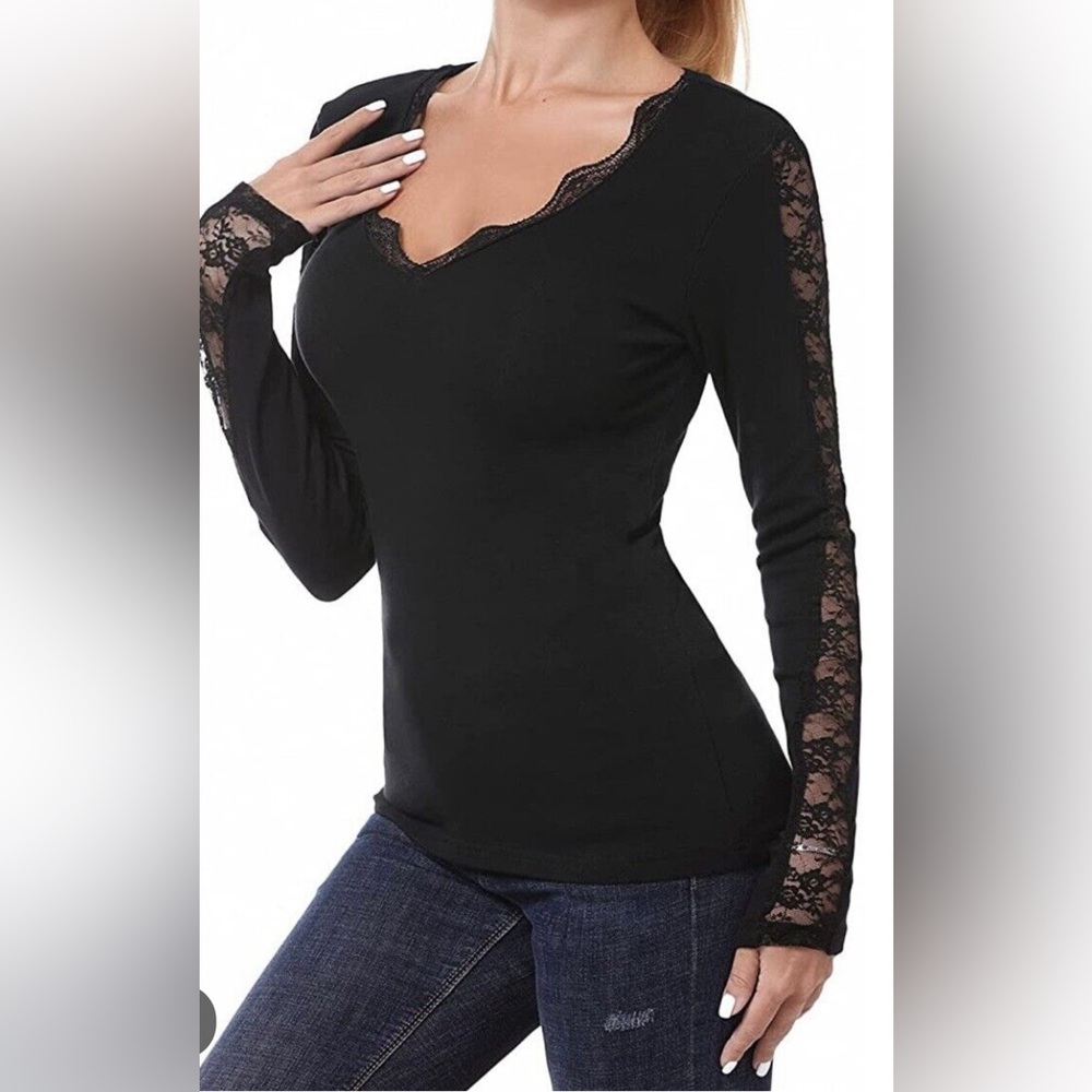Stylish Black Top with Lace Sleeves